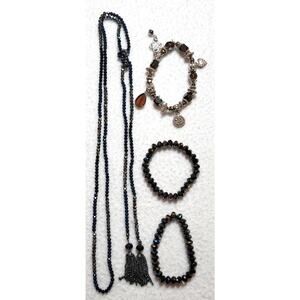 Crystal Lariat Fringe Necklace Stretch Bracelet Lot Beads Dark Colors Whimsigoth